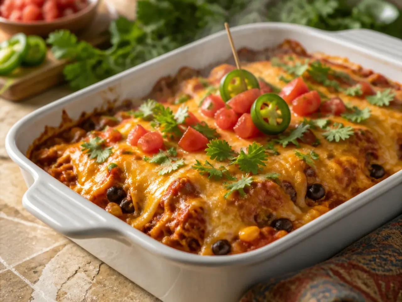 Golden, bubbling best-ever chicken enchilada casserole fresh out of the oven