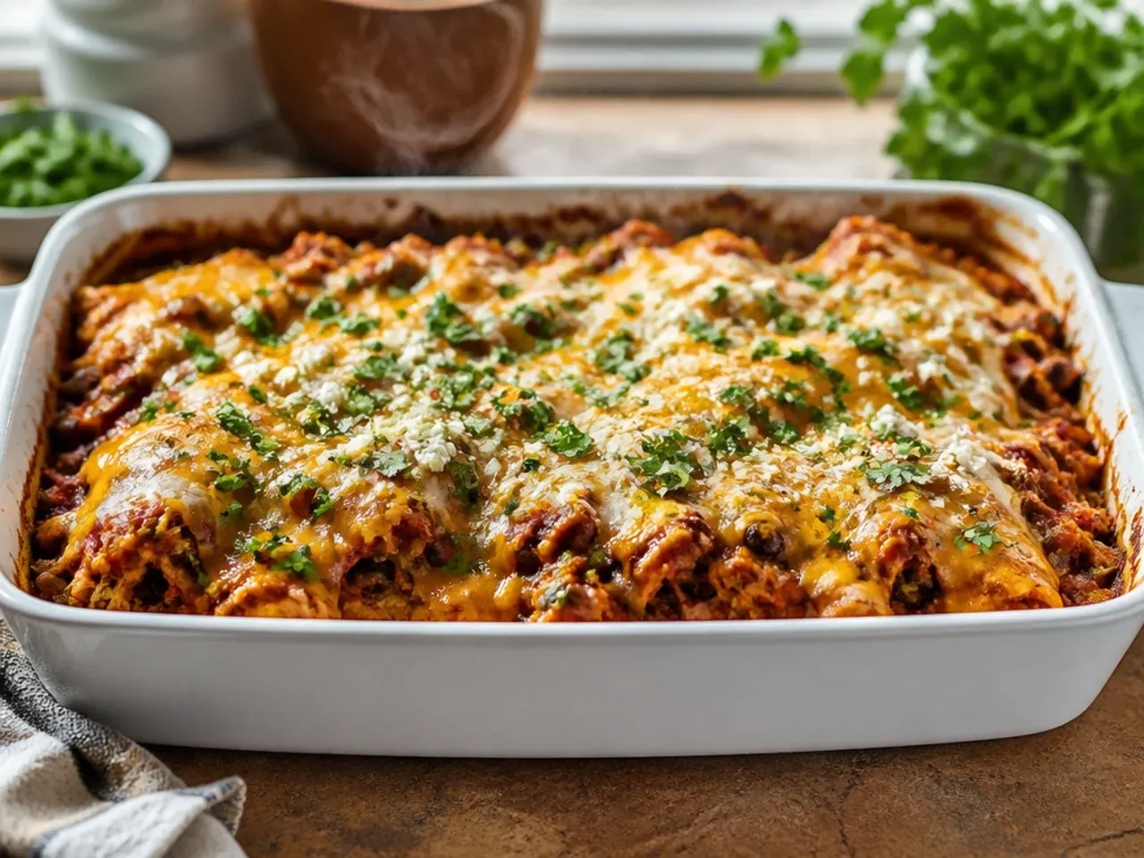 Extra cheesy chicken enchilada casserole with a thick golden cheese topping