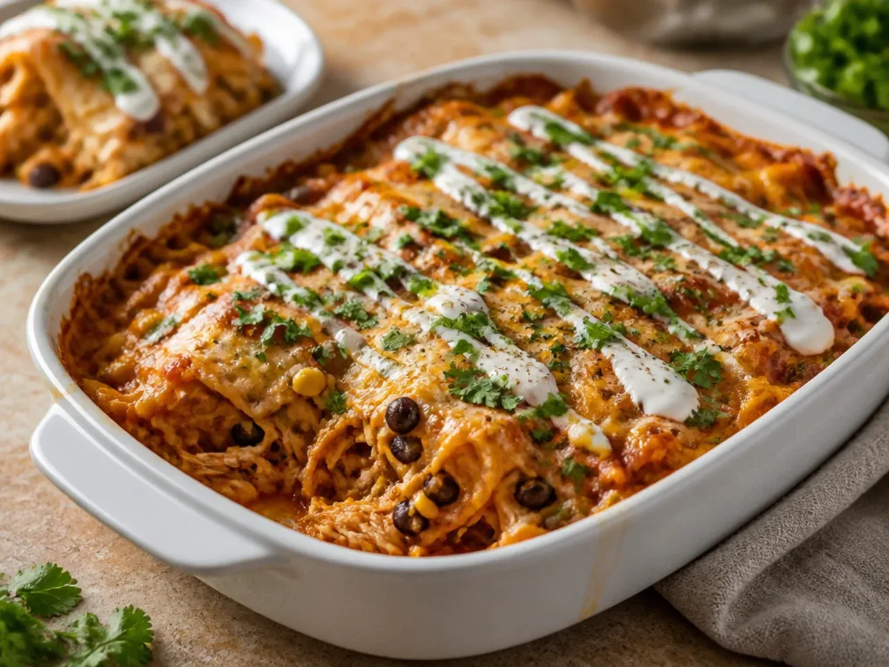 Large family-size chicken enchilada casserole in a big baking dish ready to serve a crowd