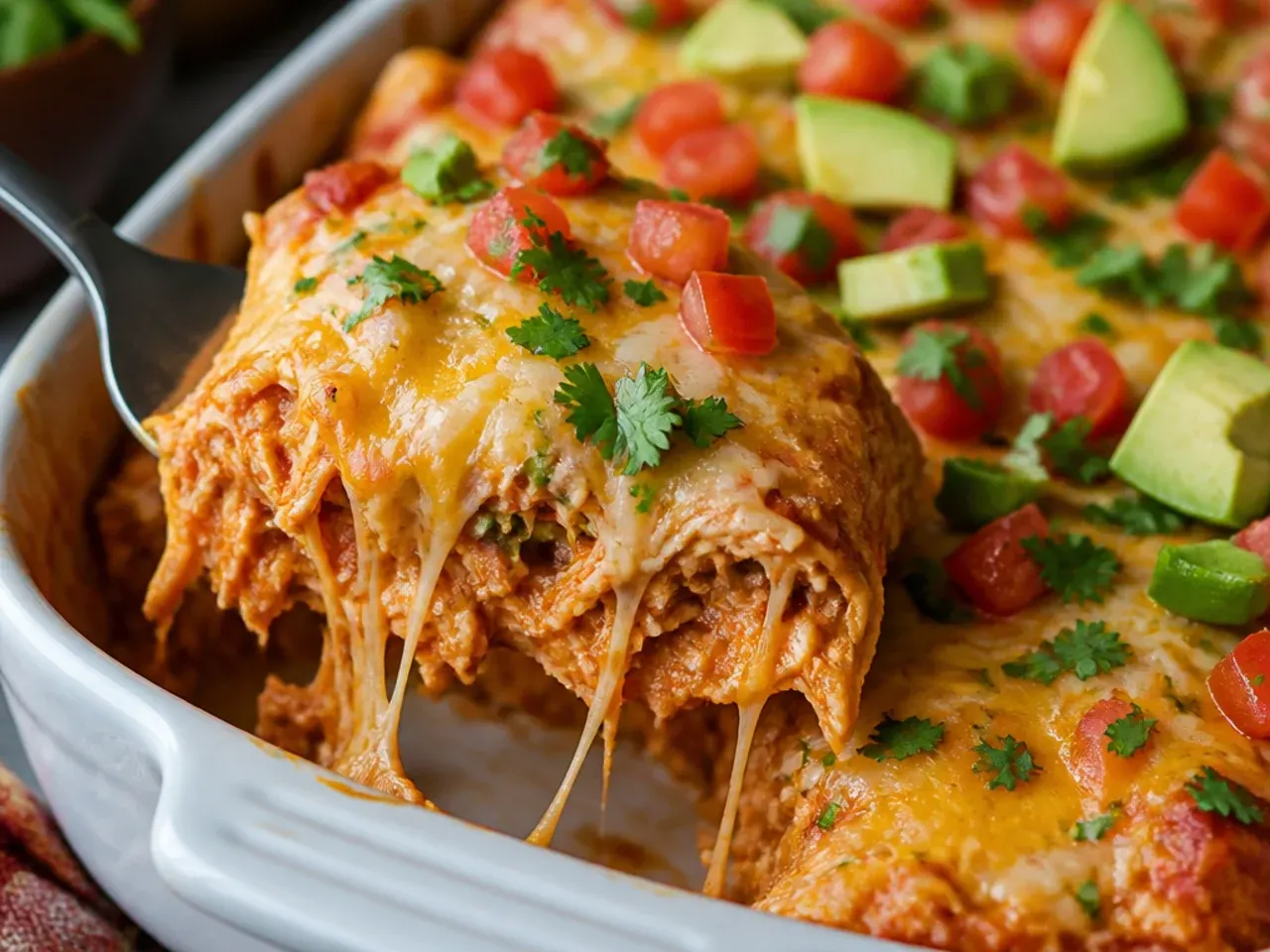 Chicken enchilada casserole assembled in a foil tray ready to freeze