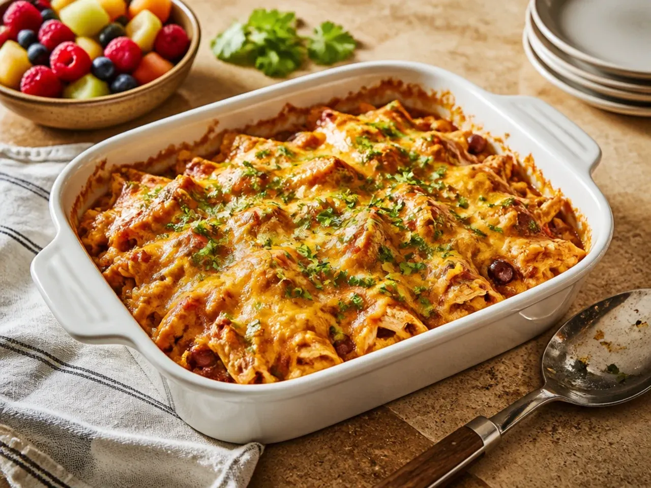 Mild family-style chicken enchilada casserole with cheese stirred through every layer