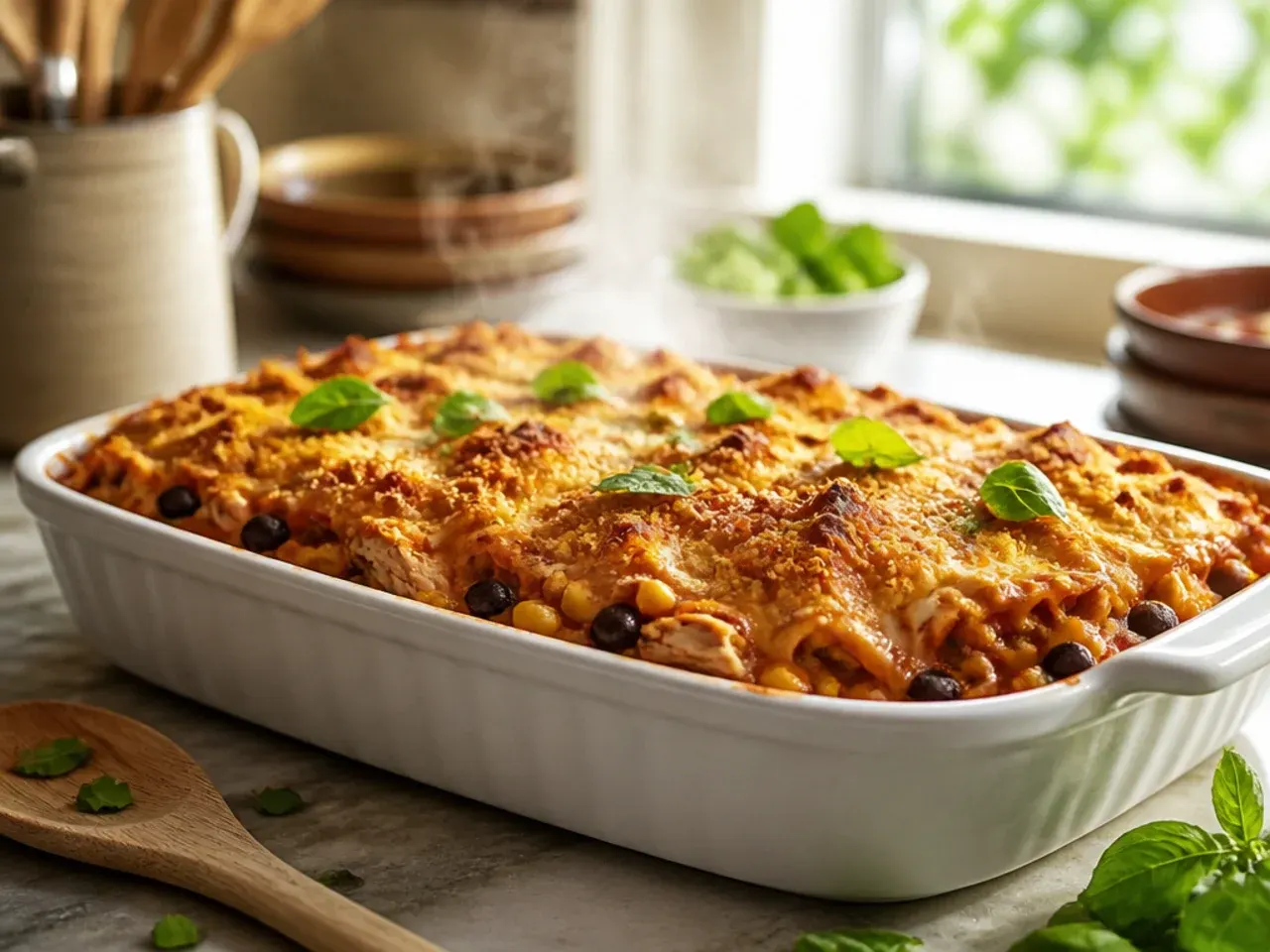 Festive chicken enchilada casserole garnished with roasted peppers and pomegranate seeds