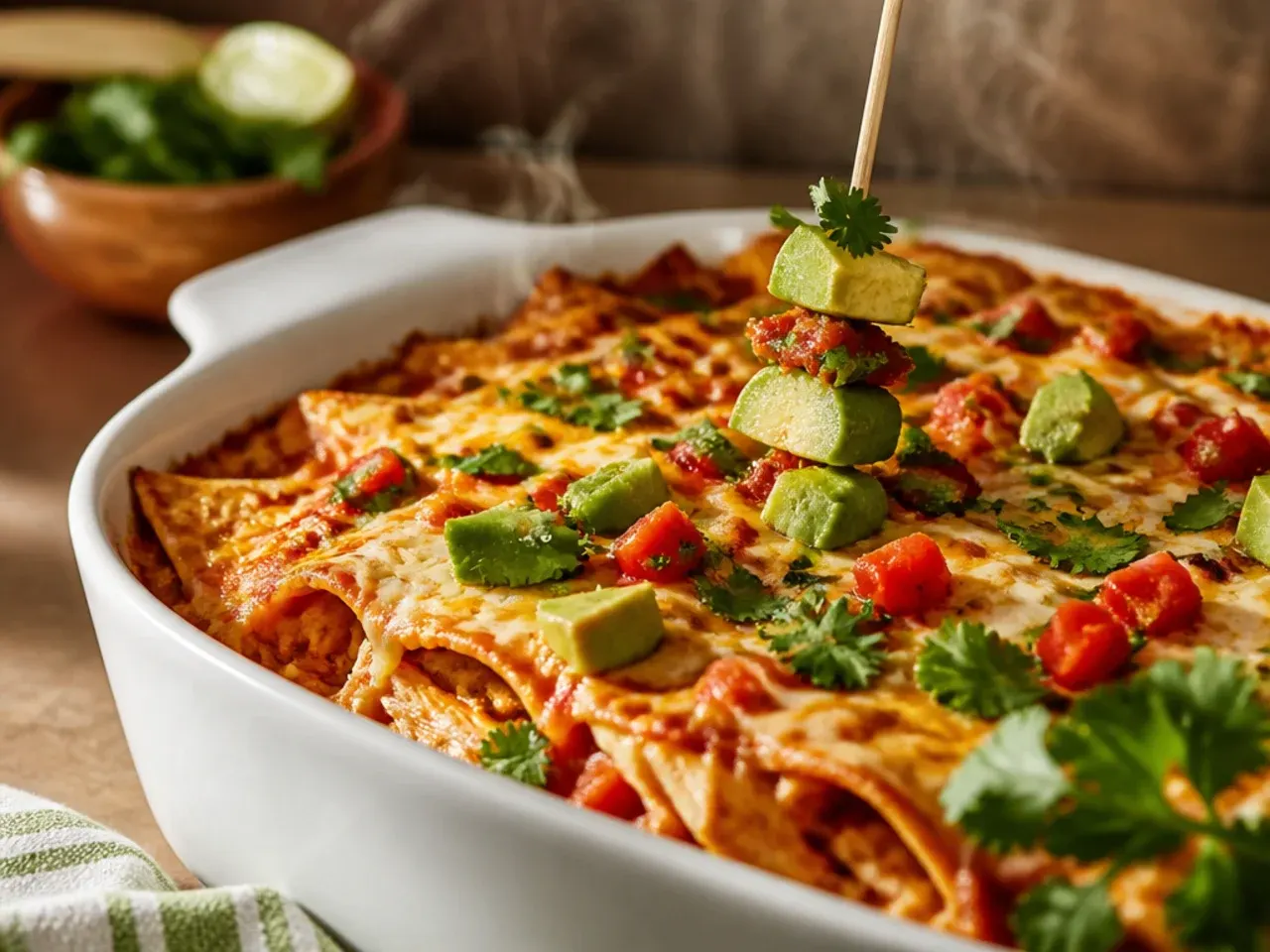 Homemade enchilada sauce being poured over layered chicken and tortillas