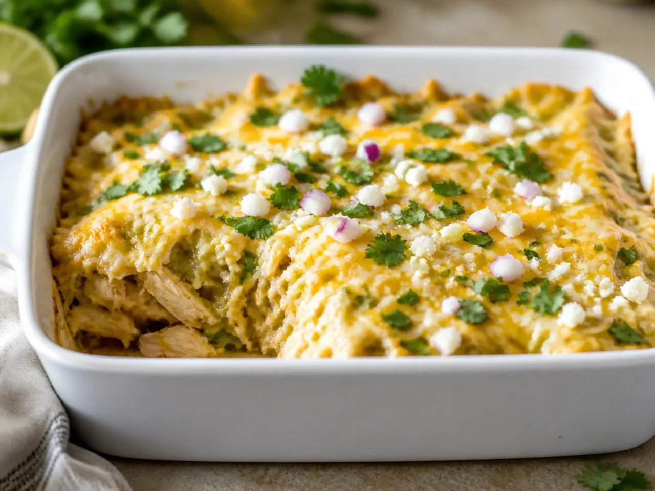 Classic green chicken enchilada casserole made with tomatillo verde sauce