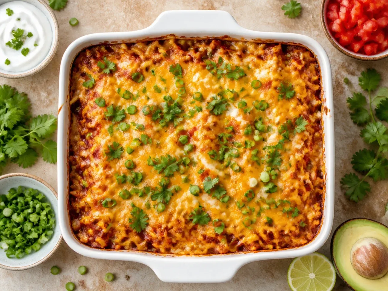 One-pan chicken enchilada casserole baked in a cast iron skillet