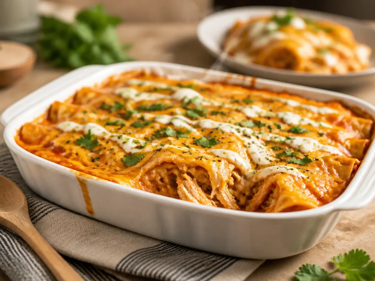 Thick, creamy comfort-style chicken enchilada casserole in individual squares