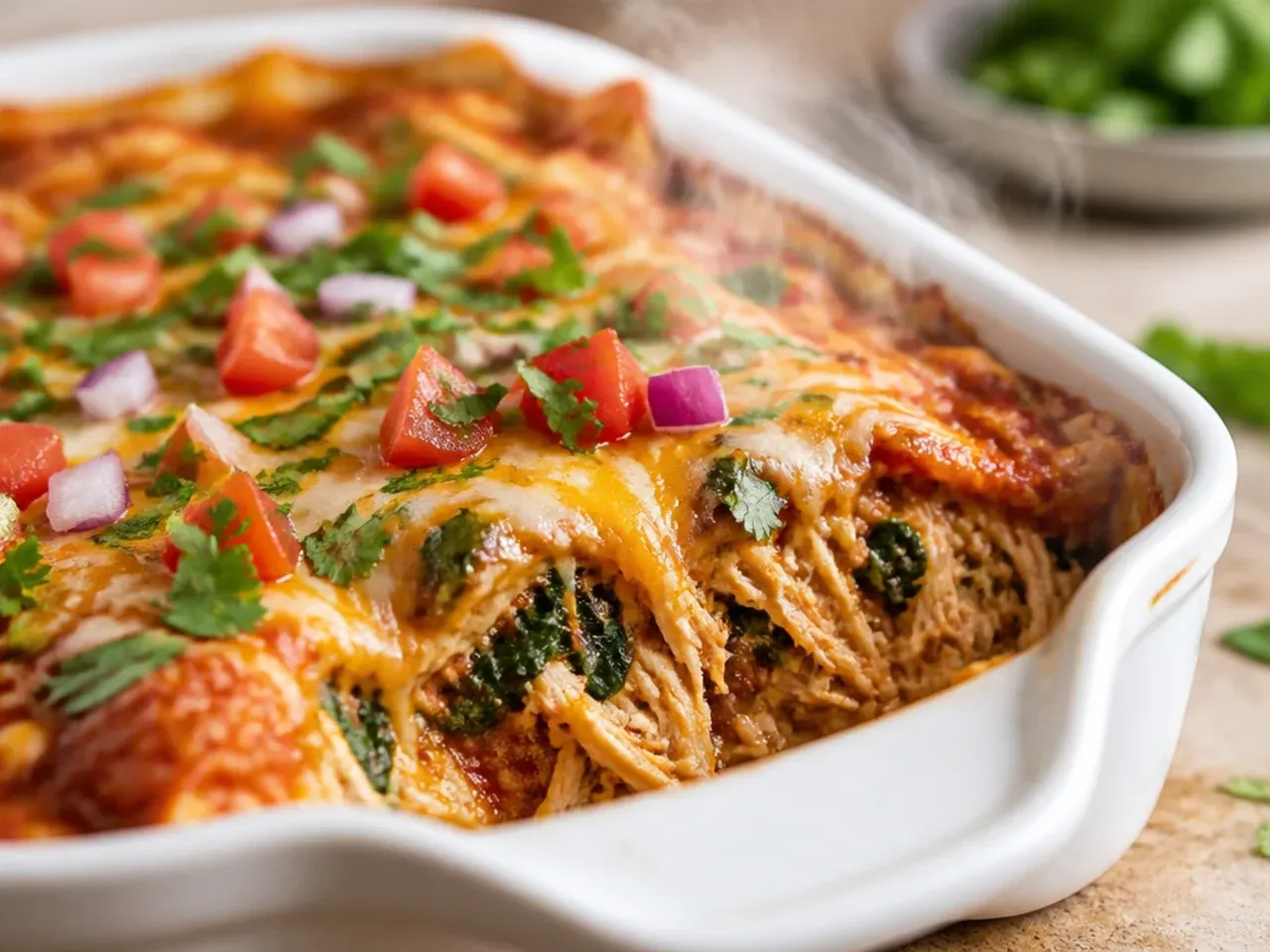 Simple spinach chicken enchilada casserole with wilted greens folded through the filling