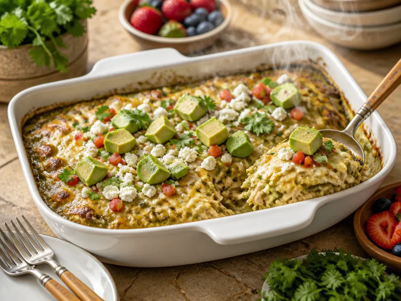 Creamy poblano chicken enchilada casserole with roasted pepper pieces visible in the sauce