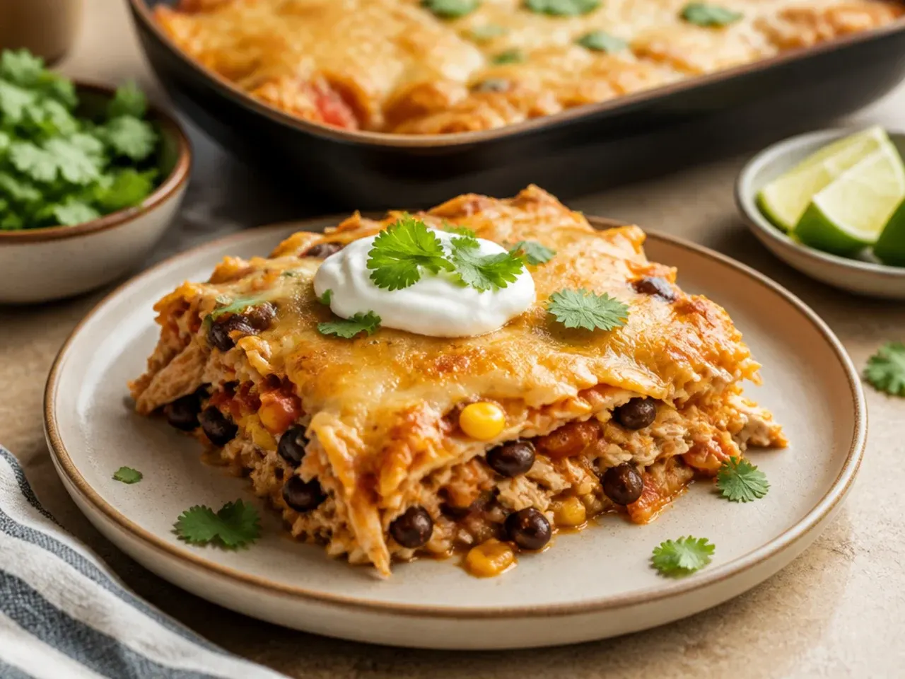 Plated slice of chicken enchilada casserole garnished with coriander, avocado and lime