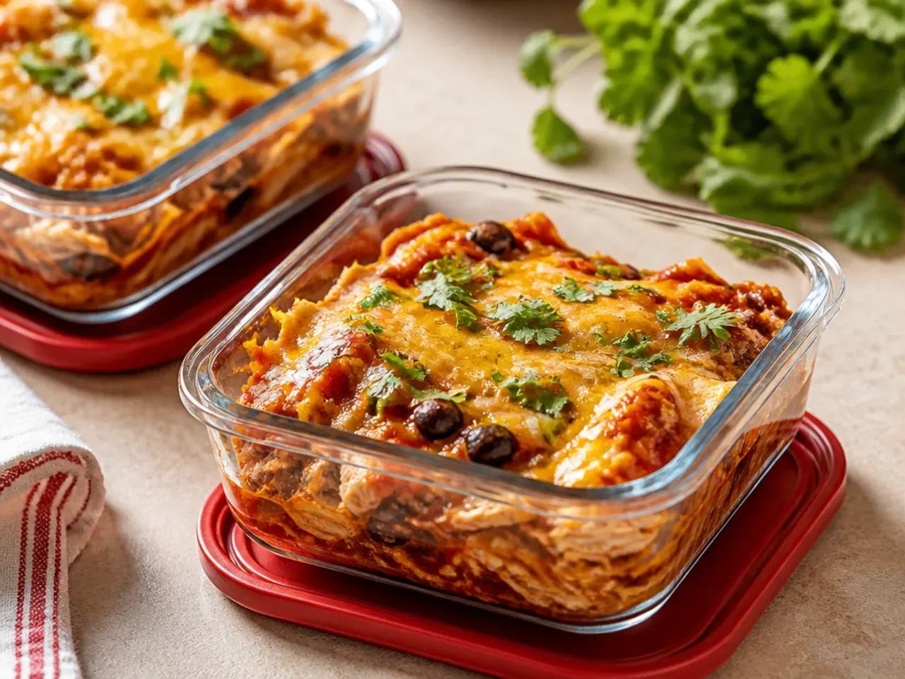 Chicken enchilada casserole leftovers stored in an airtight container
