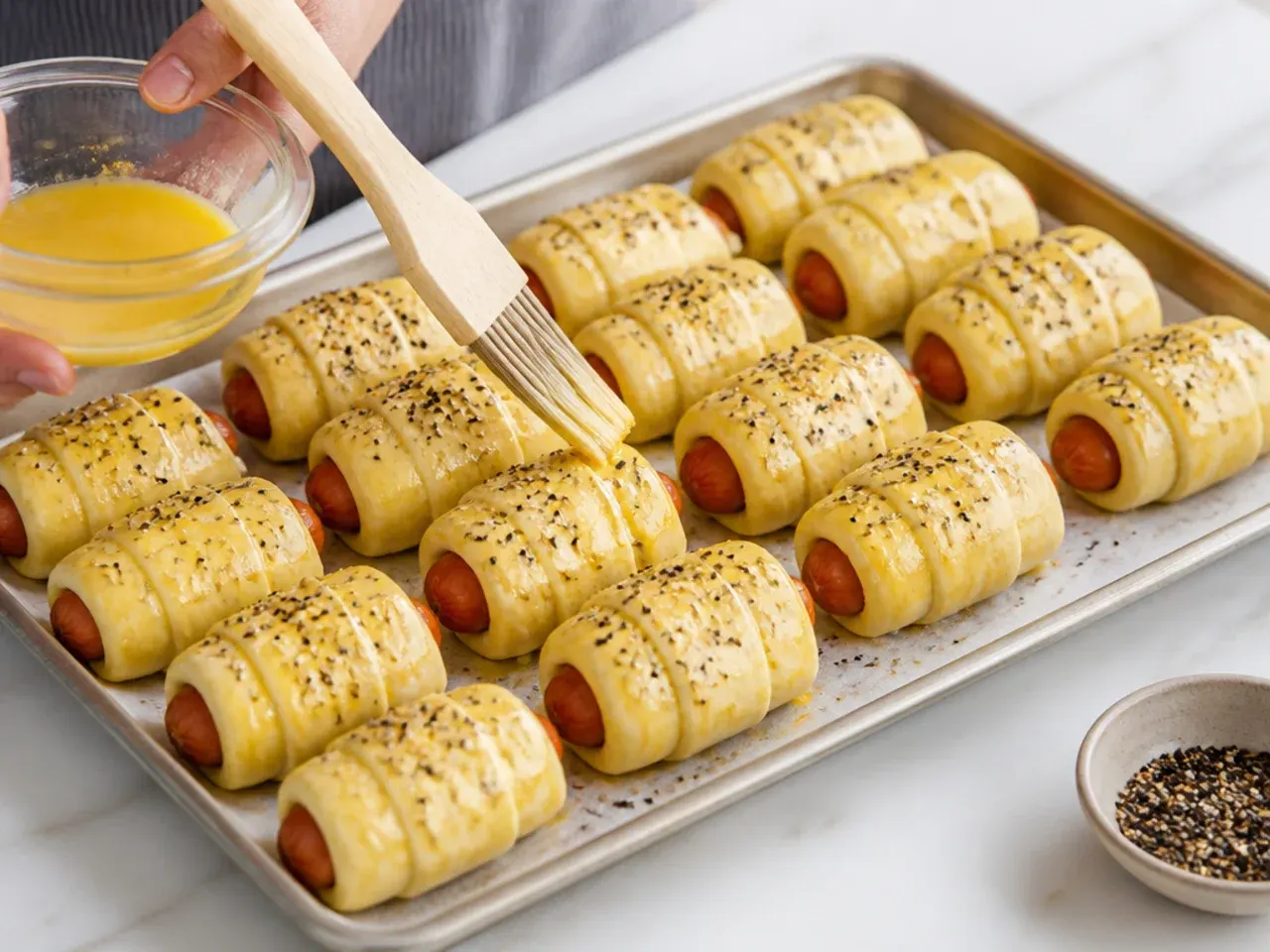 everything pigs in a blanket — step 5: egg wash and season