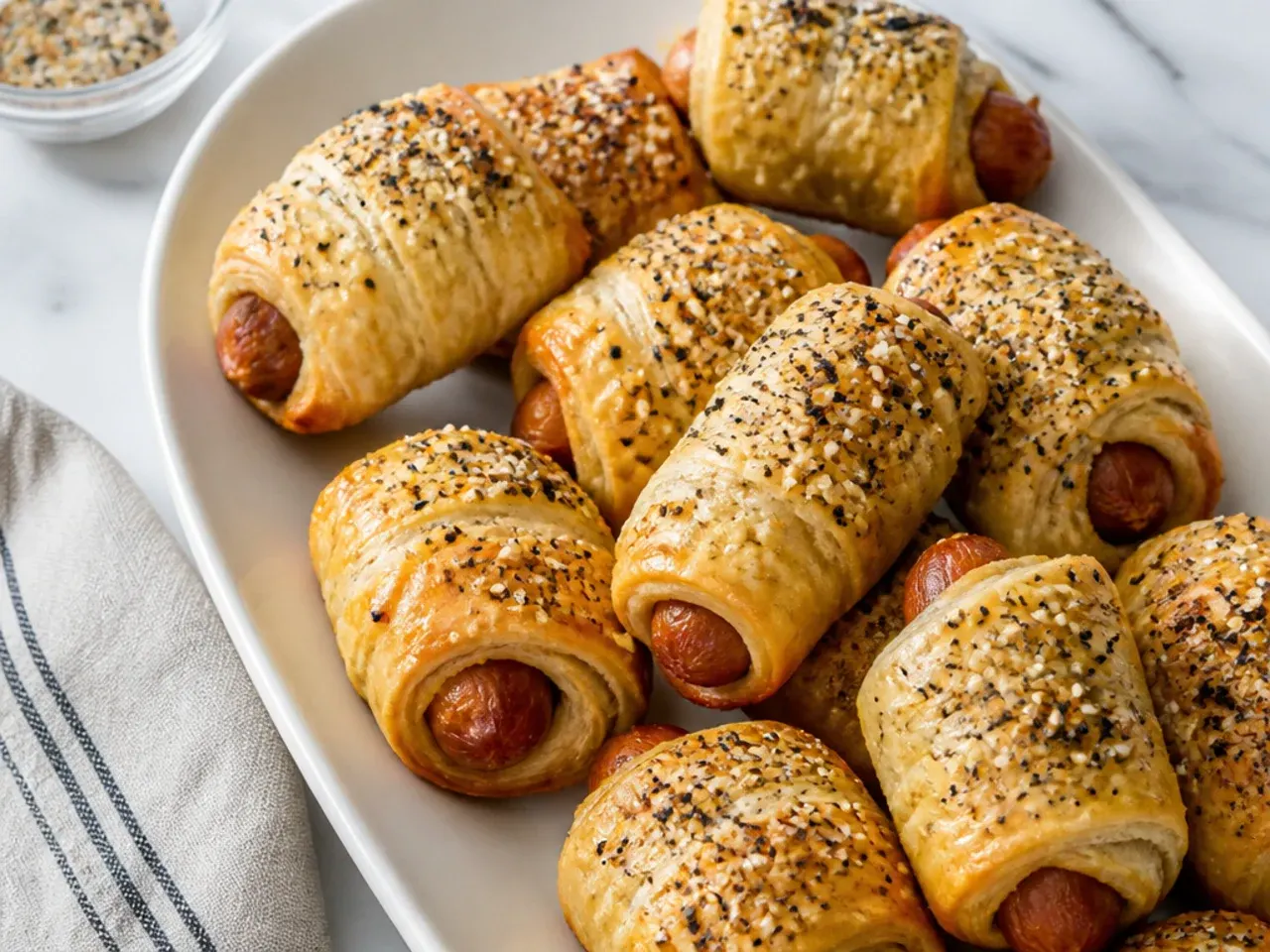 Everything pigs in a blanket on a platter with everything bagel seasoning on flaky crescent dough