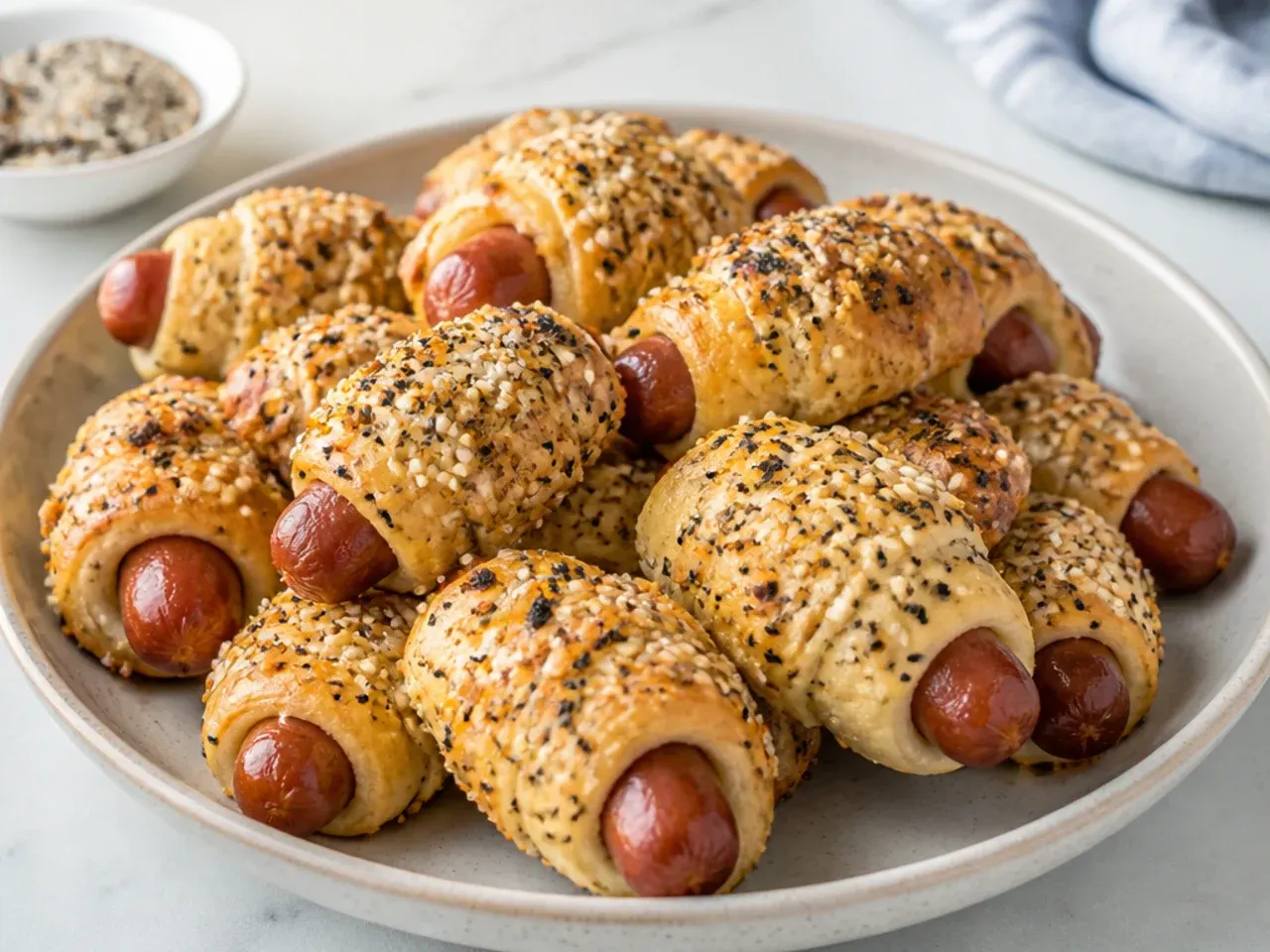 Classic everything bagel pigs in a blanket topped with sesame and poppy seeds