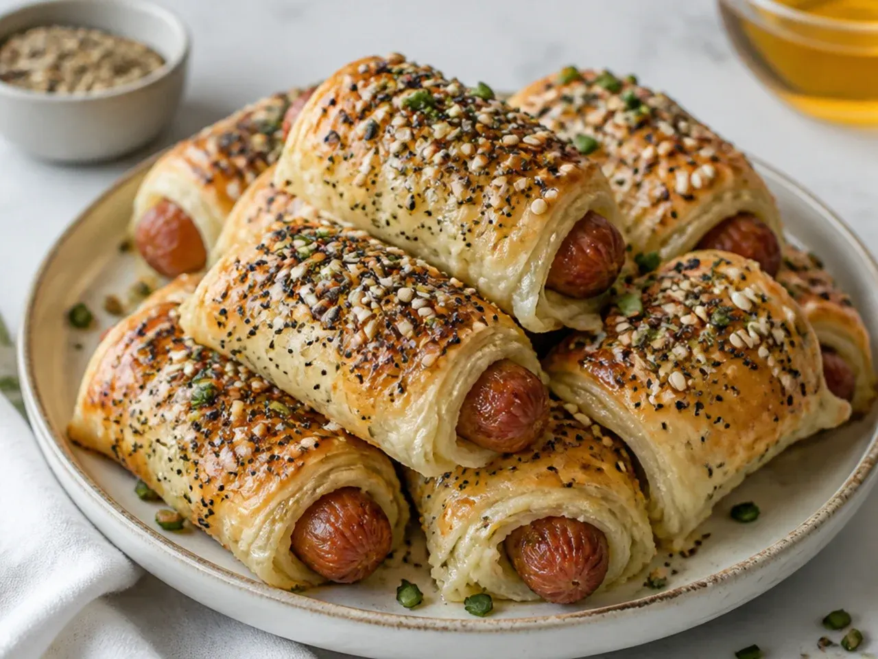 Elegant puff pastry everything pigs in a blanket with melted Gruyere cheese