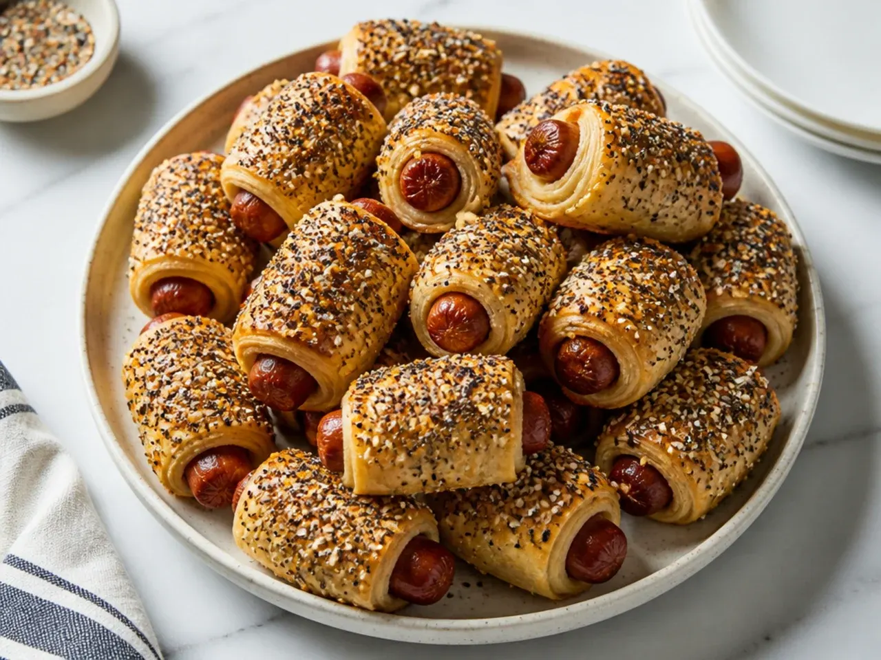 Playful everything pigs in a blanket covered in colorful sesame and poppy seed blend