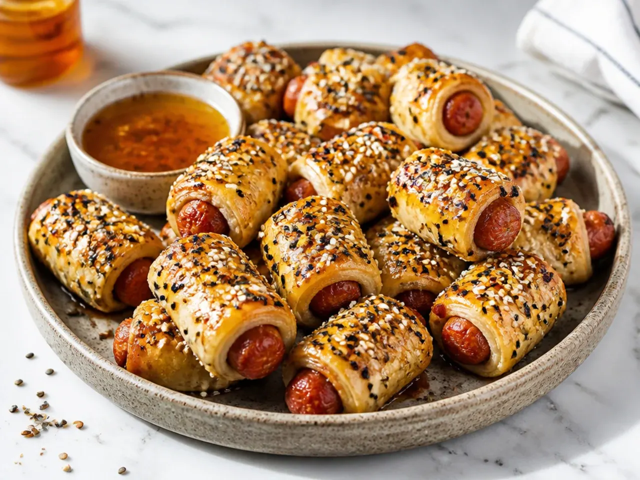 Modern hot honey glazed everything pigs in a blanket with toasted sesame