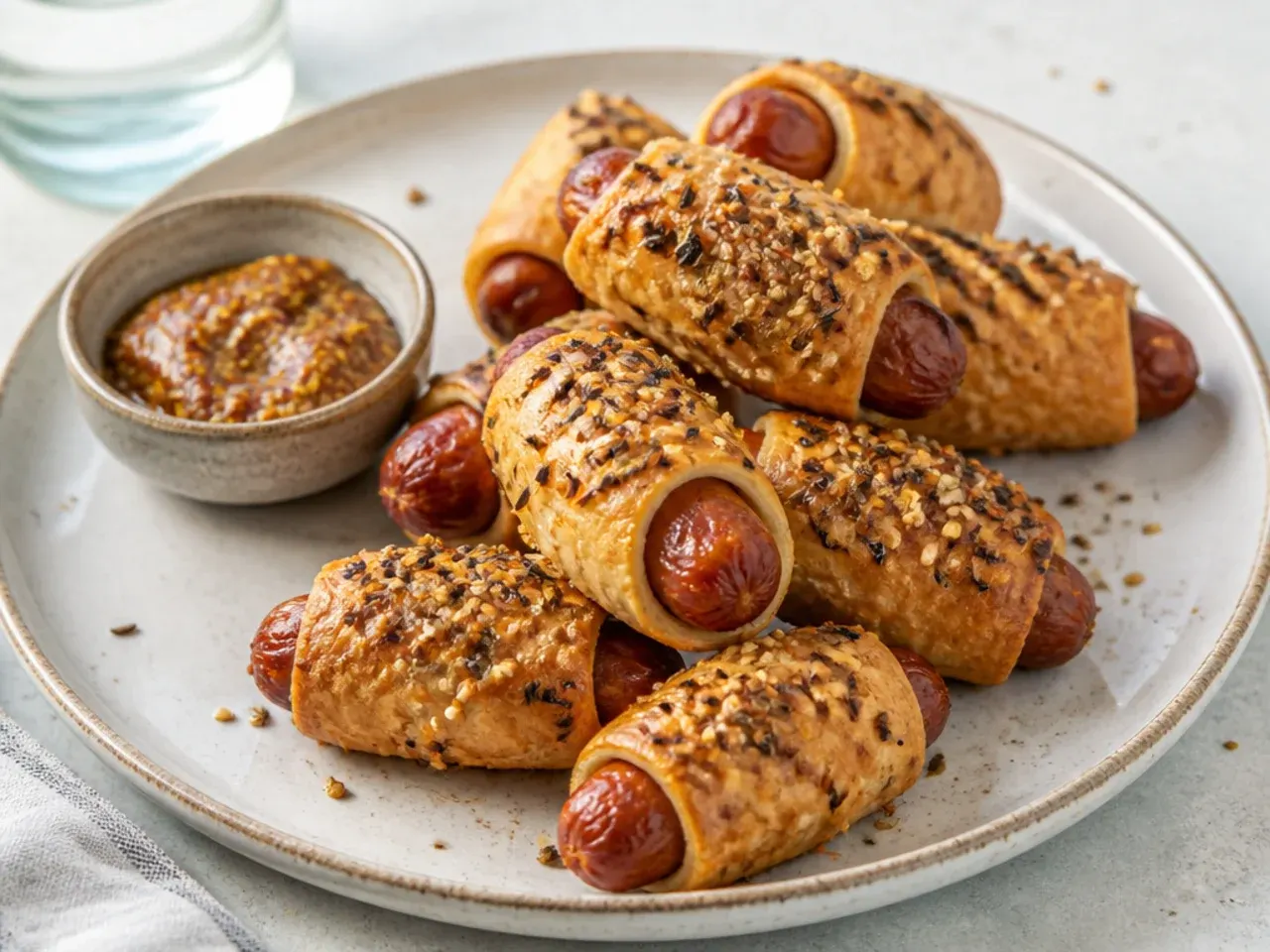 Rustic everything pigs in a blanket with whole-grain mustard and caraway seeds