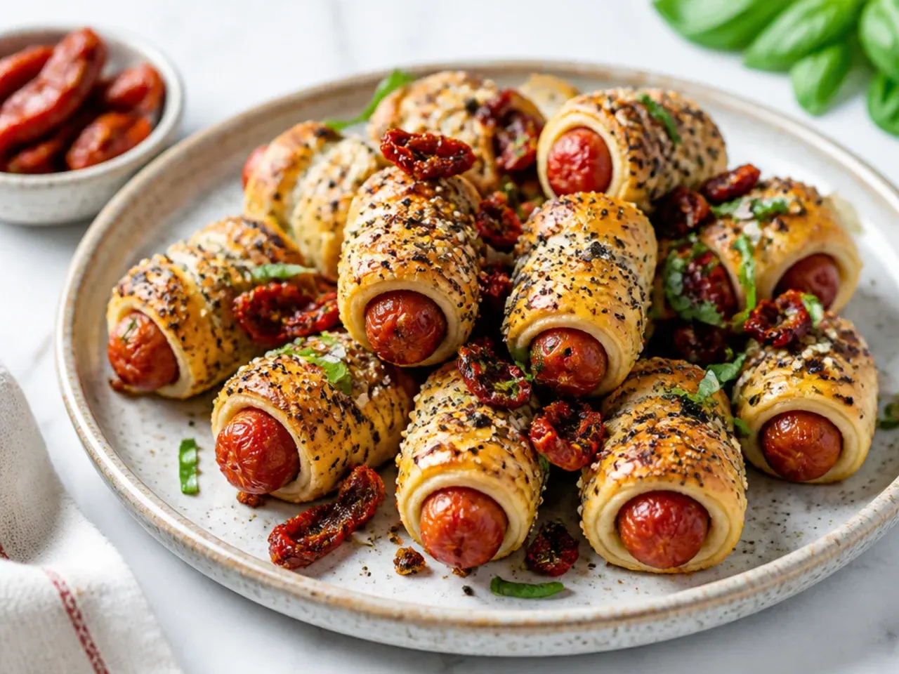 Colorful everything pigs in a blanket with sun-dried tomato and basil