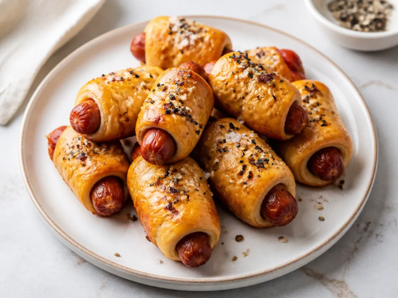 Minimal everything pigs in a blanket topped with sesame seeds and flaky salt