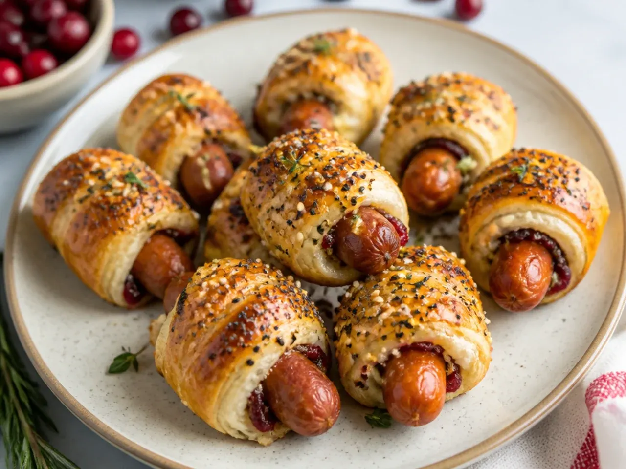 Festive cranberry and Brie everything pigs in a blanket for the holidays