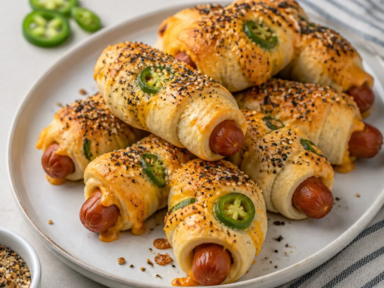 Bold jalapeno cheddar everything pigs in a blanket with melted cheese