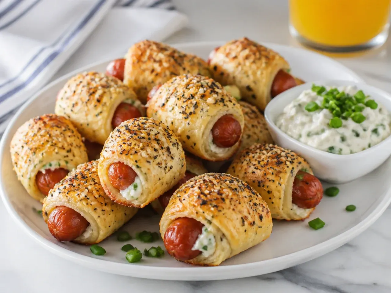 Delicate everything pigs in a blanket with chive cream cheese for brunch
