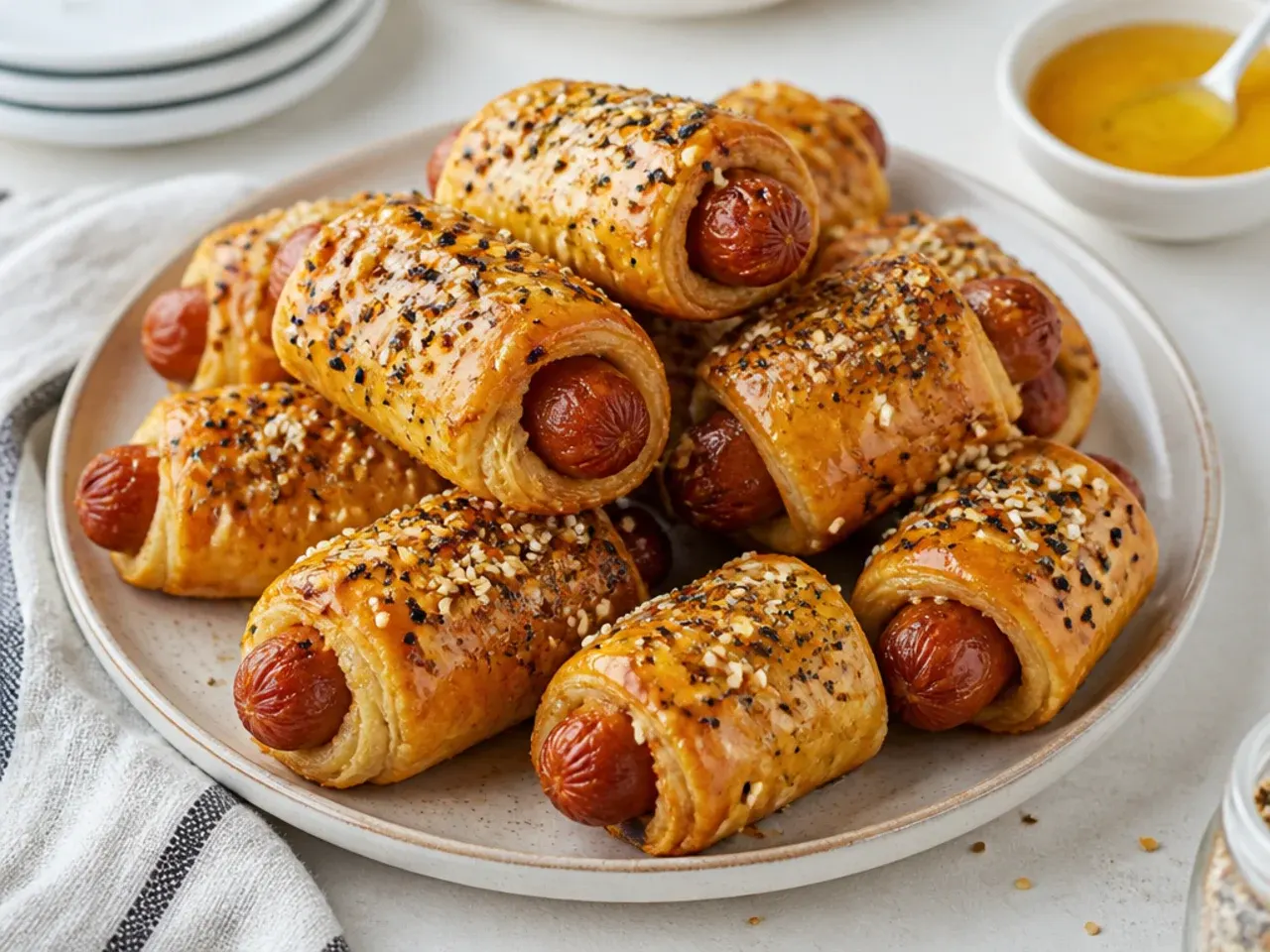 Vintage everything pigs in a blanket with a glossy apricot-mustard glaze