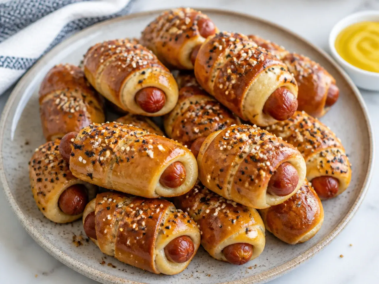 Creative pretzel-dough everything pigs in a blanket with deep golden crust