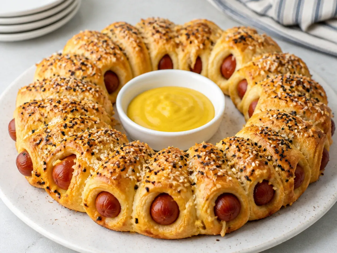 Charming pull-apart everything pigs in a blanket wreath ring with a center dip