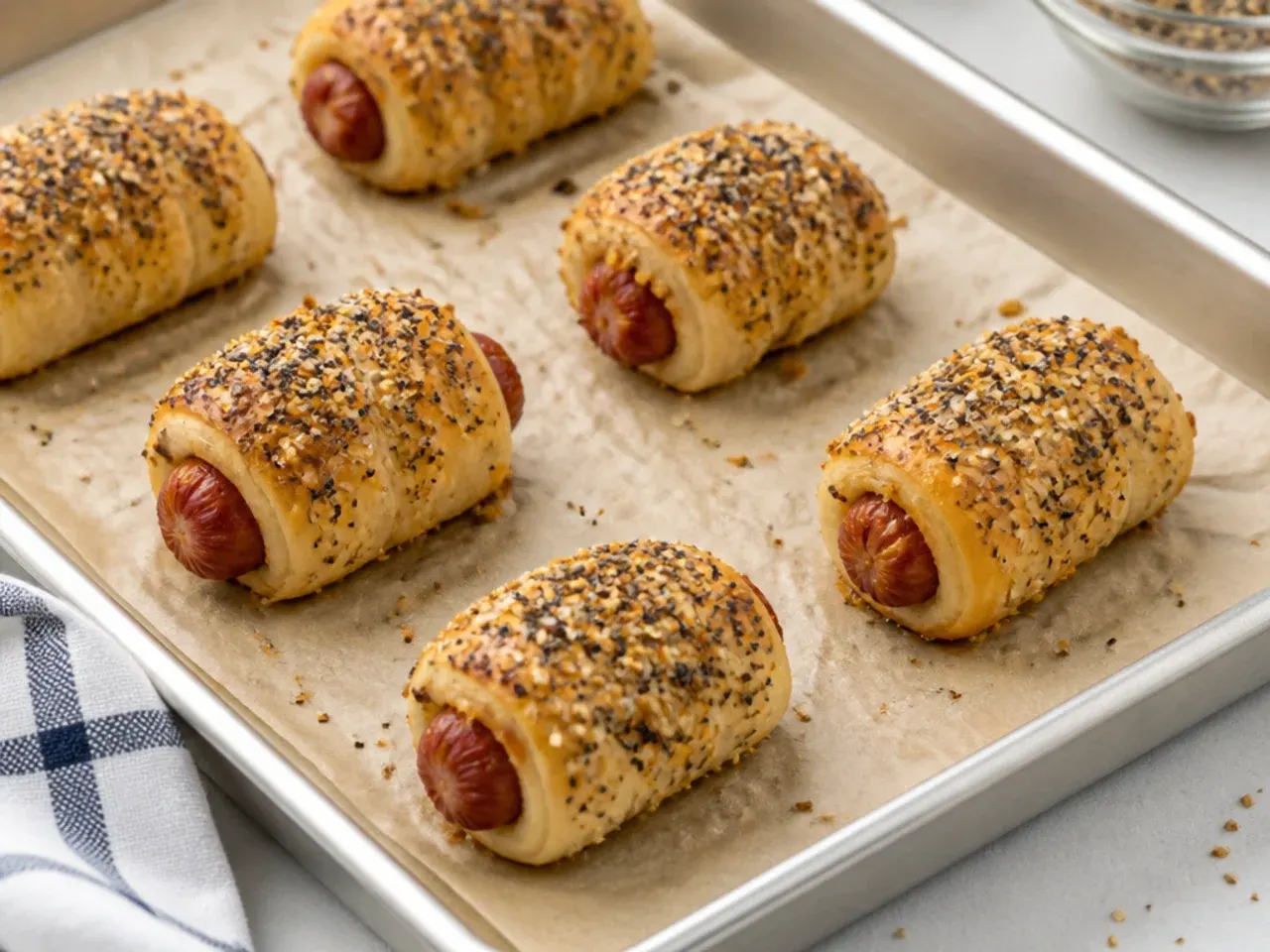 Pro tips for crisp everything pigs in a blanket placed seam-side down on parchment