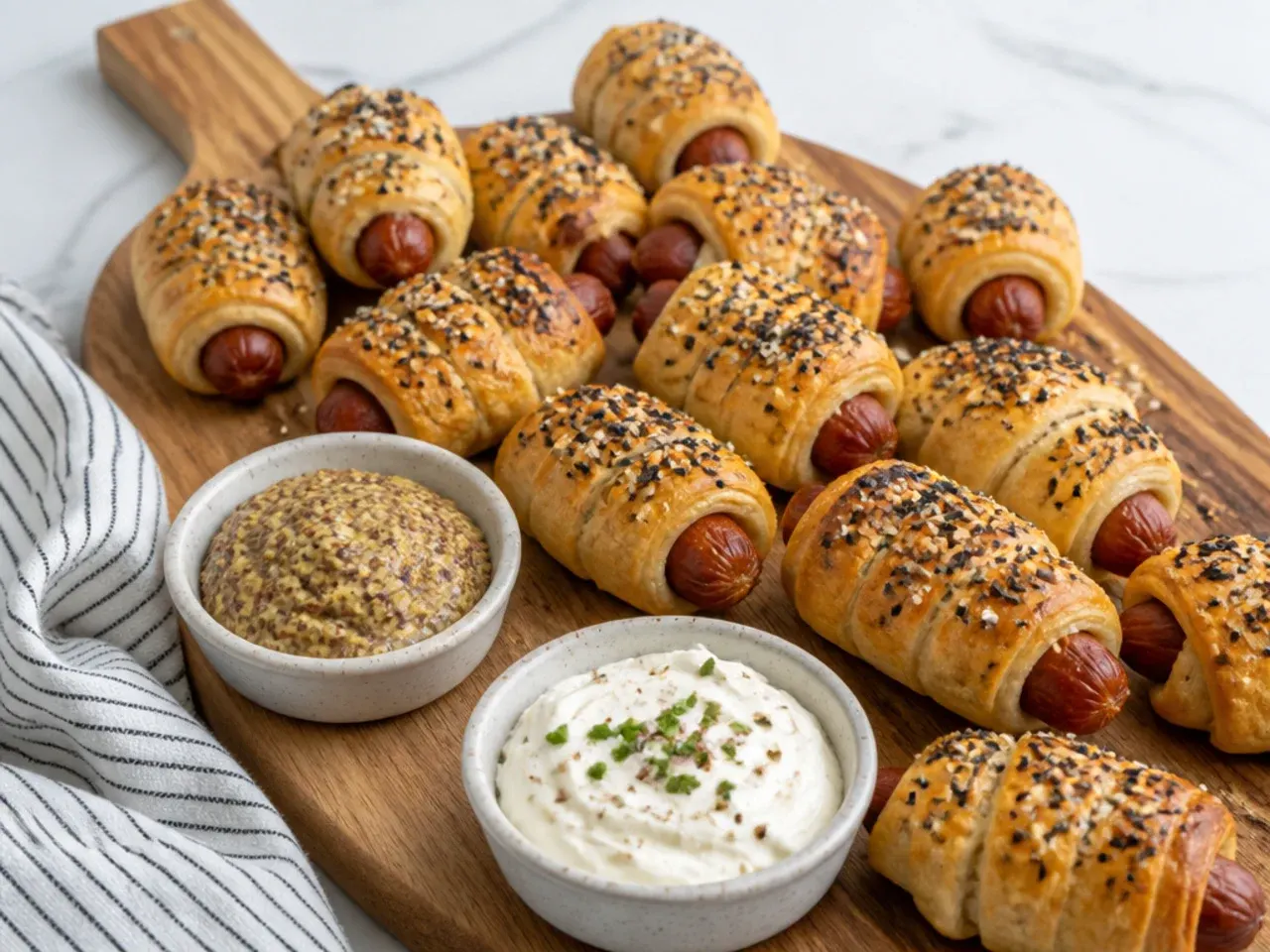 Everything pigs in a blanket served on a board with mustard and cream cheese dips