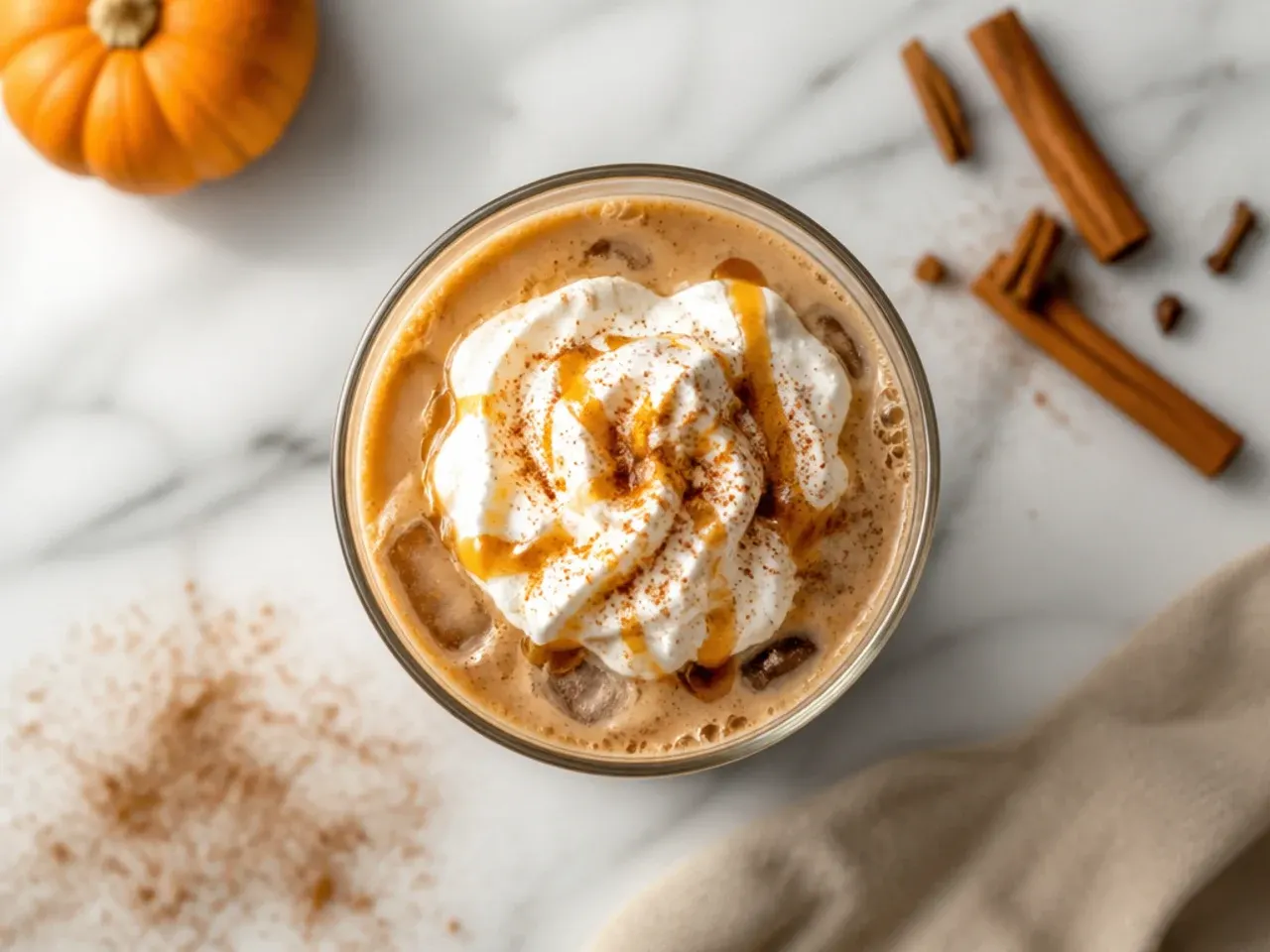 Iced pumpkin spice latte in a tall glass with espresso streaking through milk over ice