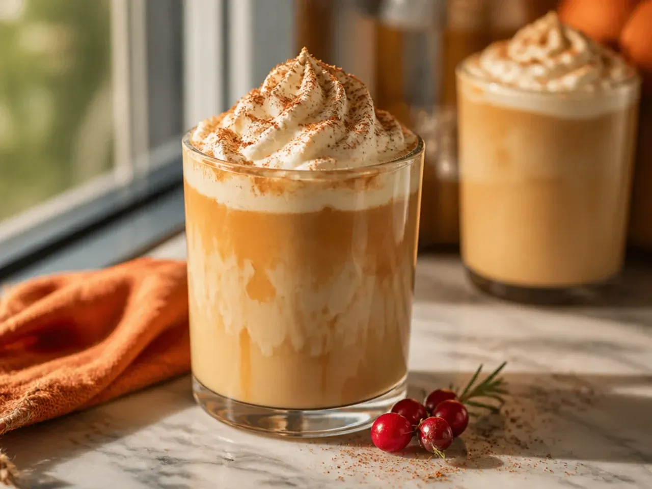 Classic hot pumpkin spice latte topped with whipped cream and pumpkin pie spice in a coffee mug