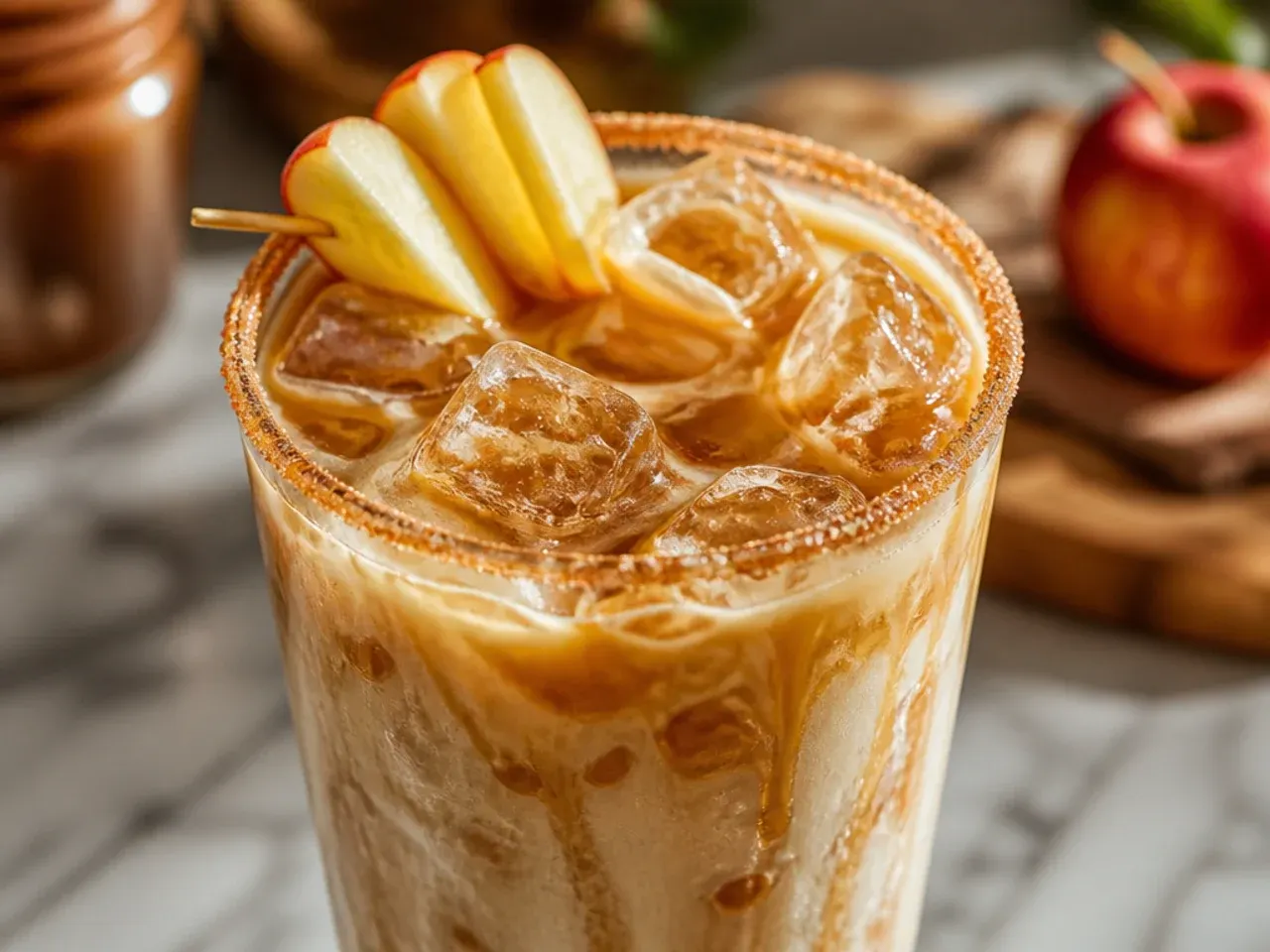 Apple crisp oatmilk macchiato with layered espresso and spiced apple drizzle on top