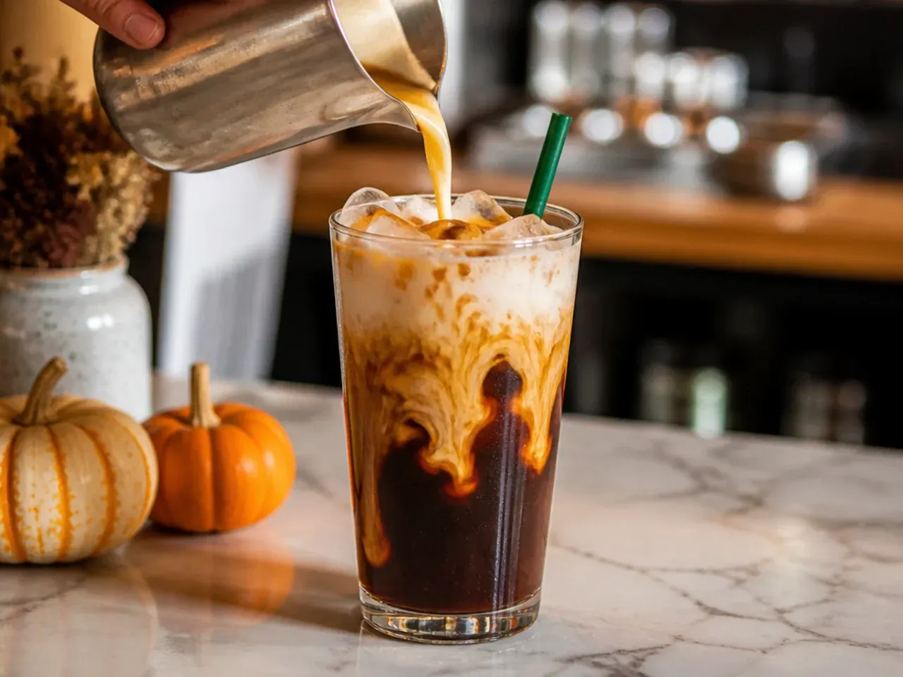 Pumpkin cream cold brew with a distinct floating layer of pumpkin cream over dark cold brew coffee