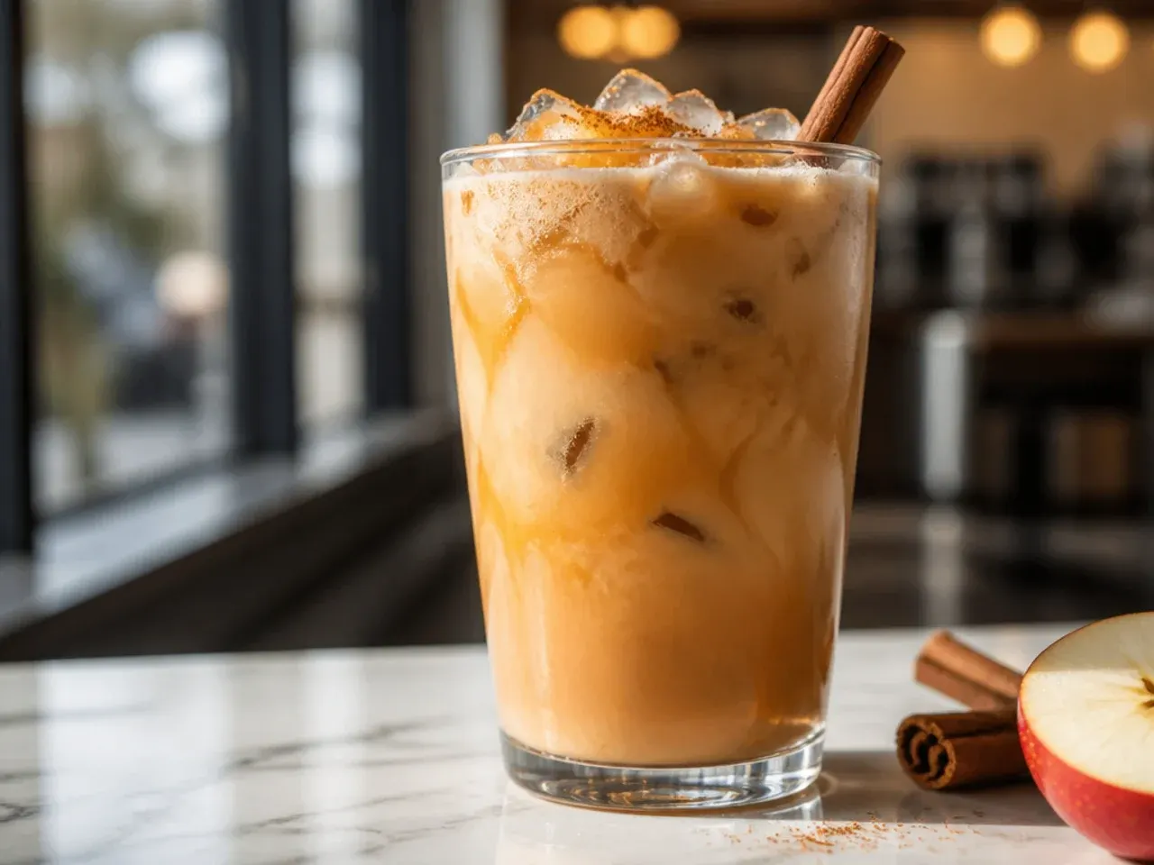 Iced chai with apple juice being poured over ice in a clear glass