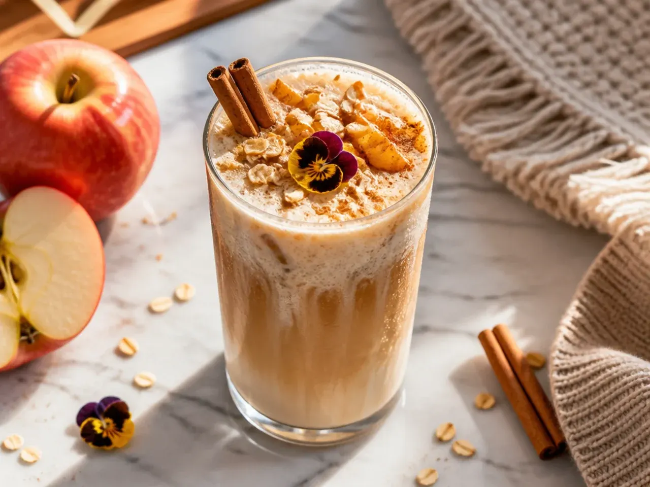 Warm brown sugar cinnamon oat milk latte with cinnamon dusted on the foam