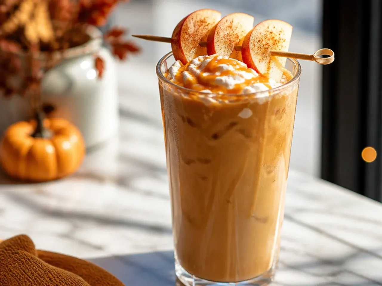 Warm caramel apple spice drink with whipped cream and caramel drizzle in a glass mug
