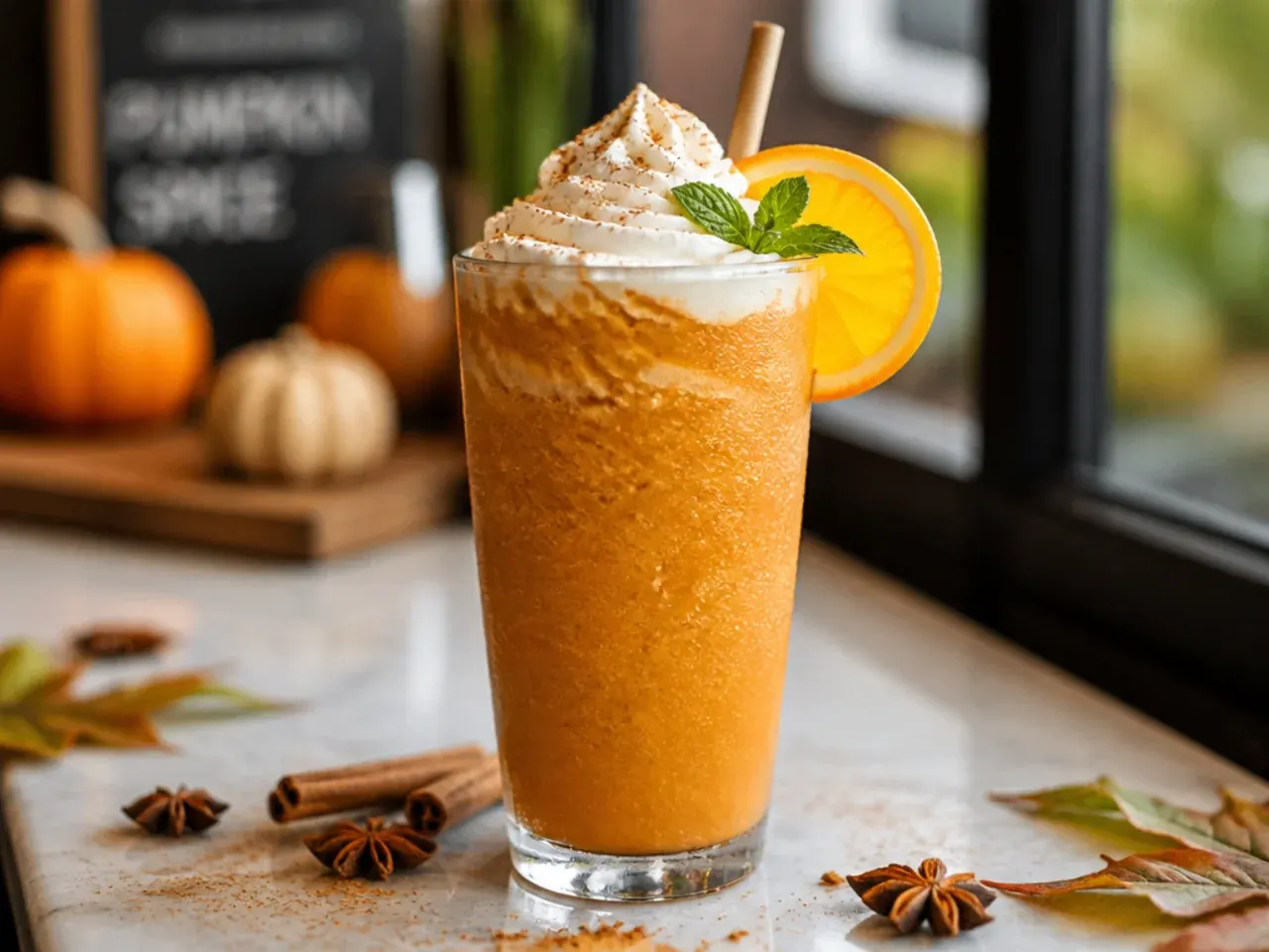 Frozen pumpkin spice frappuccino blended drink topped with whipped cream in a tall glass