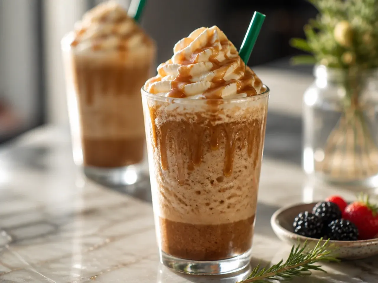 Blended salted caramel mocha frappuccino with caramel drizzle and sea salt on top