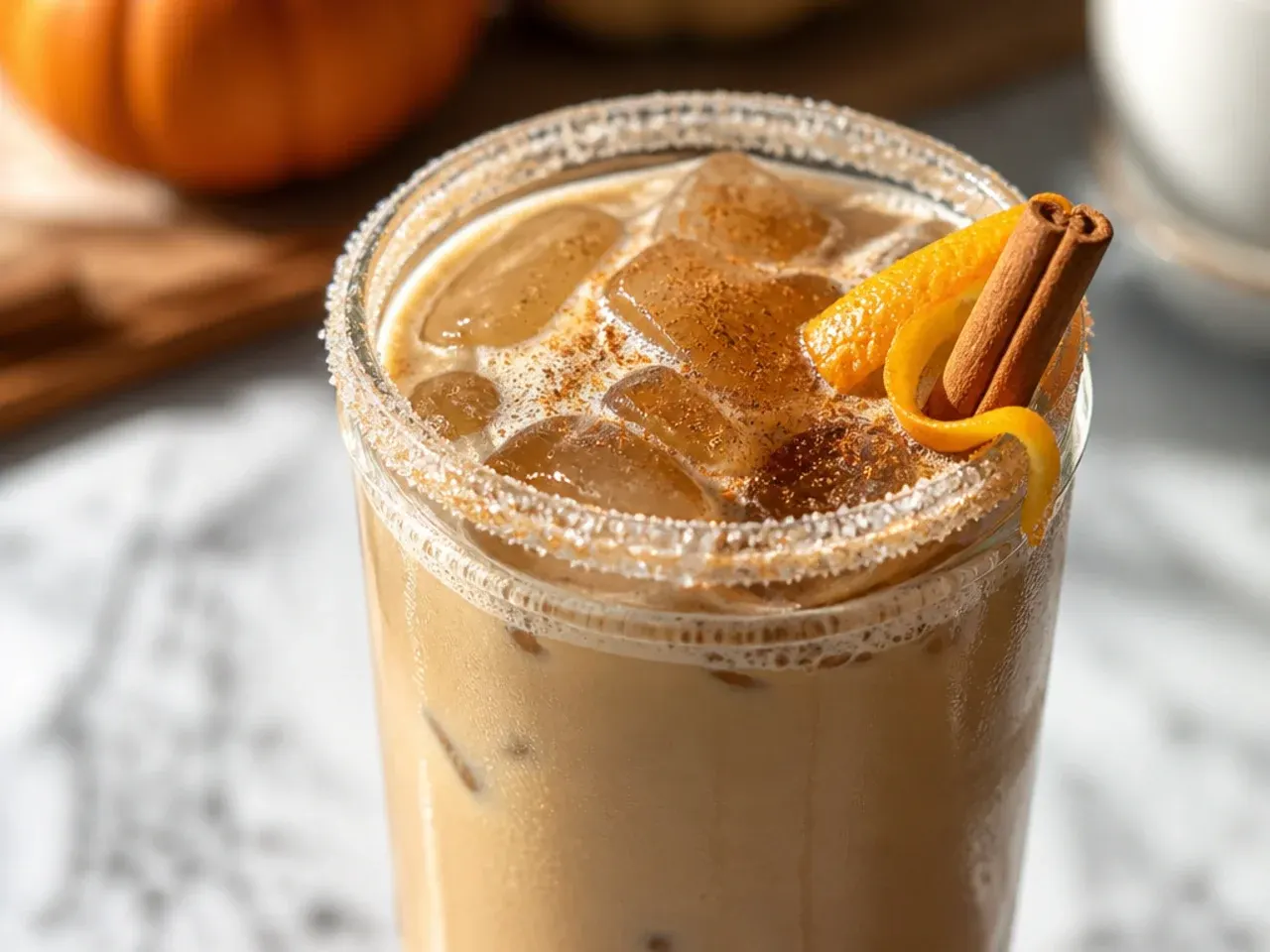 Spiced chai tea latte with steamed milk and a cinnamon stick garnish