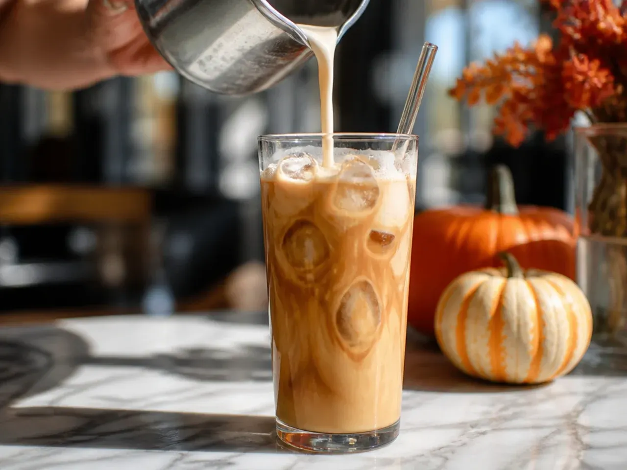 Gingerbread oat milk latte with a light spice dusting on top in a ceramic mug