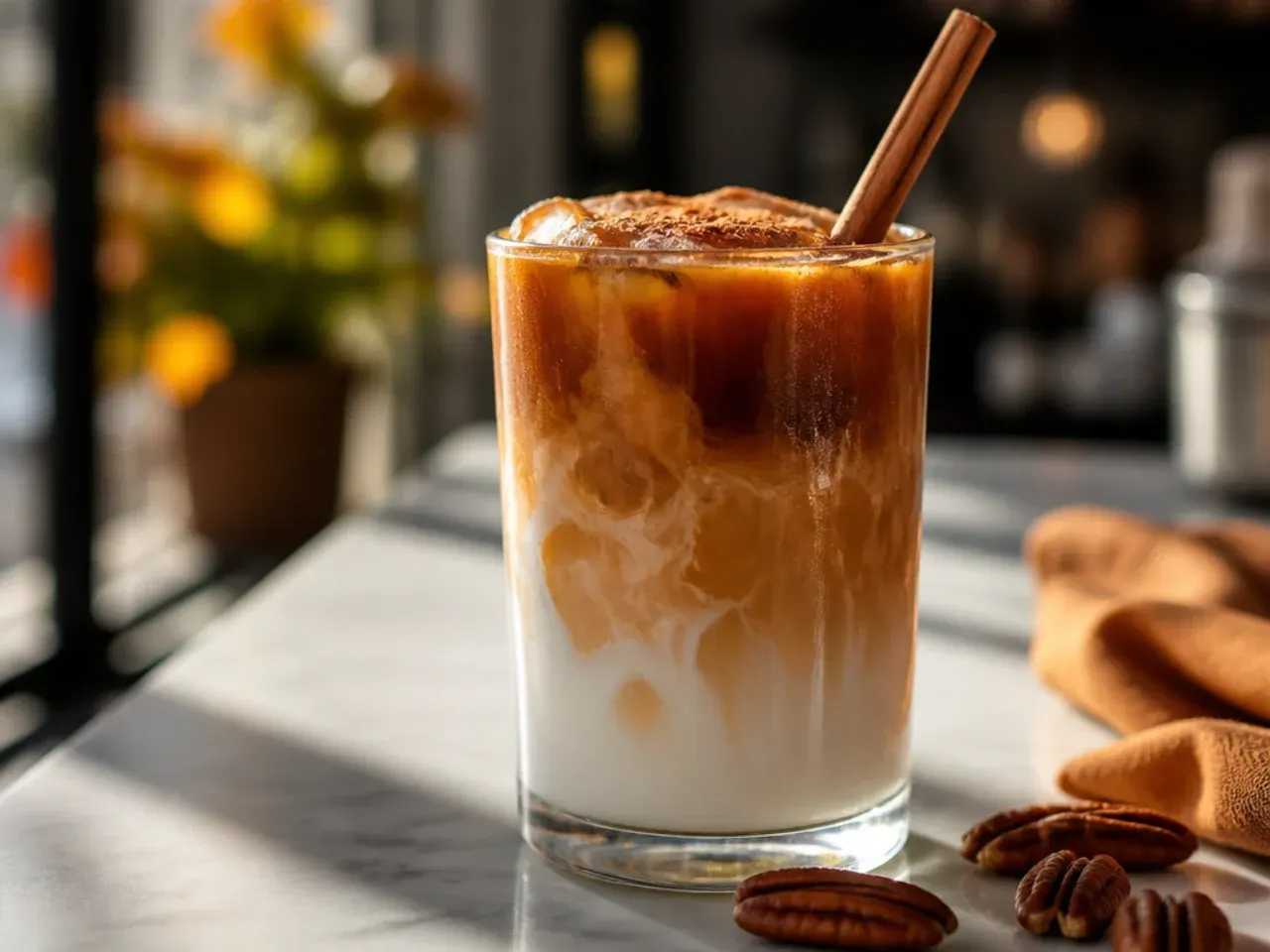 Layered maple pecan latte showing distinct espresso and milk layers, topped with crushed pecans