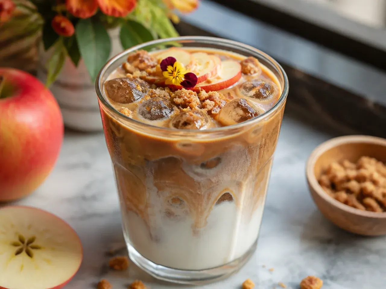 Bold iced apple crisp macchiato with visible espresso layer over oat milk and ice