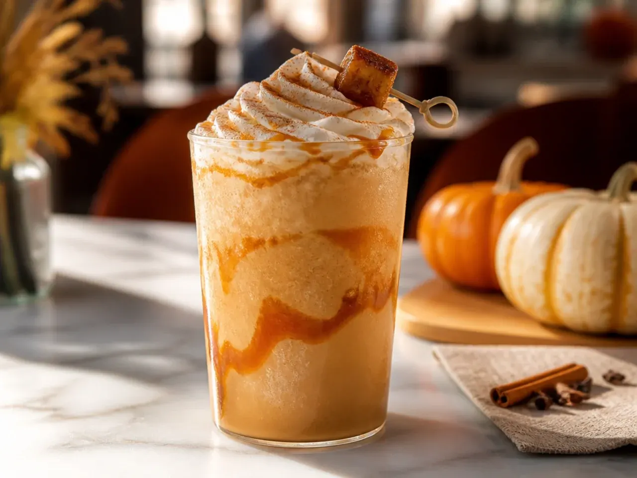 Smooth vanilla bean pumpkin latte with fine microfoam in a white coffee cup