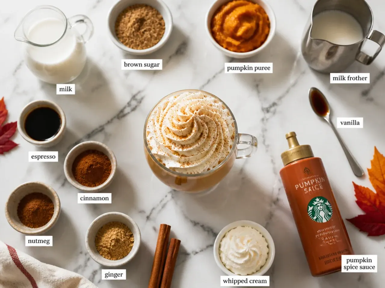 Small jars of homemade pumpkin spice and cinnamon syrups lined up next to a milk frother