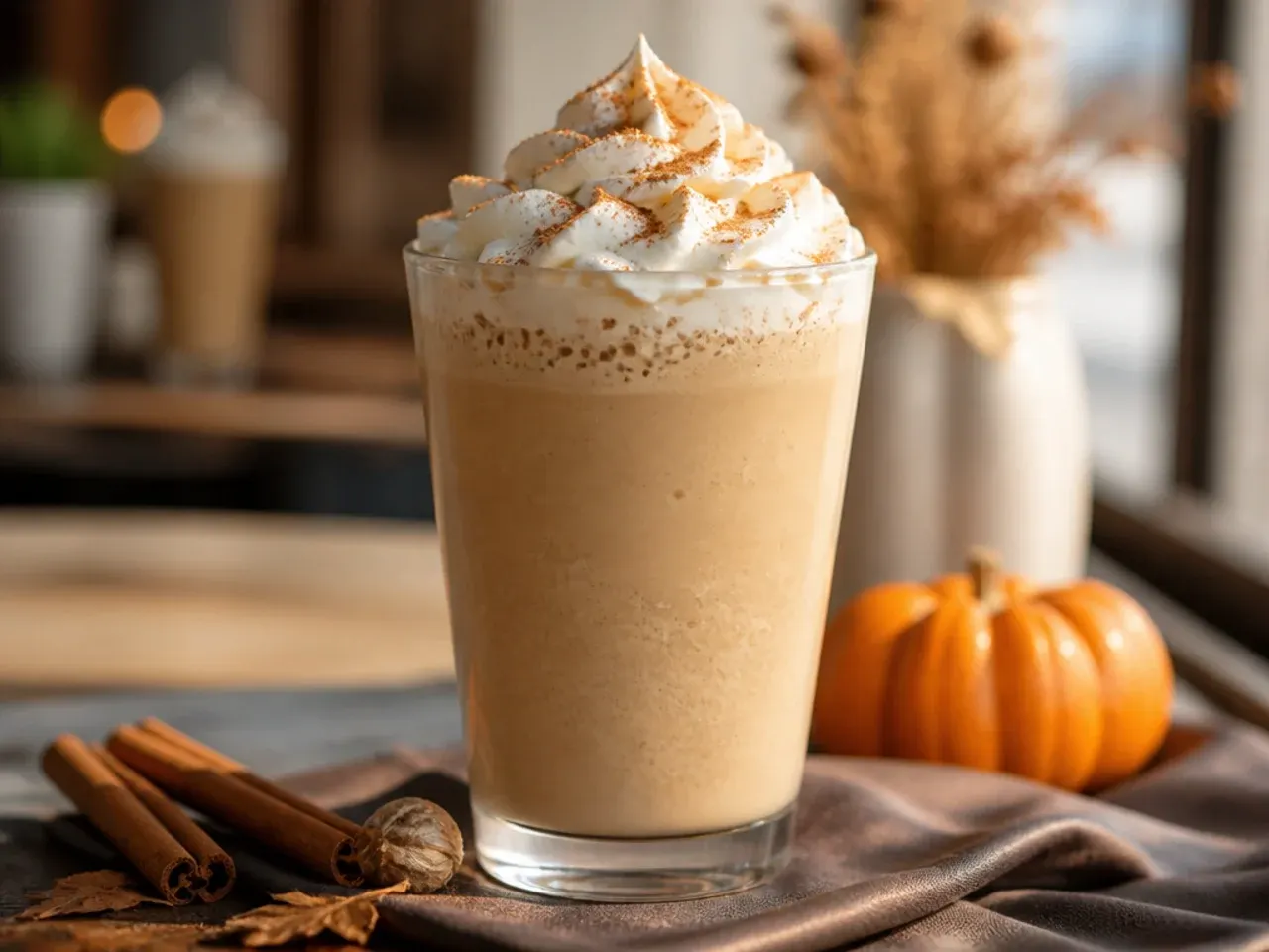 Fall coffee drinks garnished with cinnamon sticks, apple slices and star anise on a rustic tray