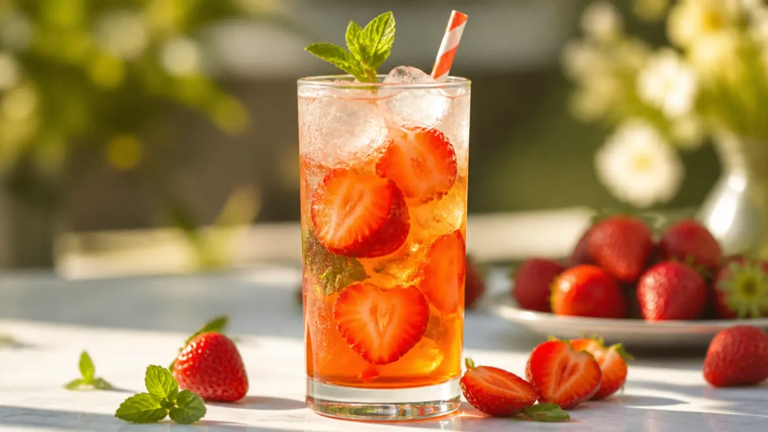 A row of fancy non alcoholic drinks in elegant glassware garnished with rosemary, citrus and fruit on a marble bar cart