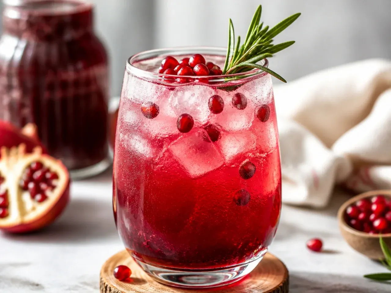 Overhead shot of several fancy non alcoholic drinks arranged on a table with fresh fruit garnishes