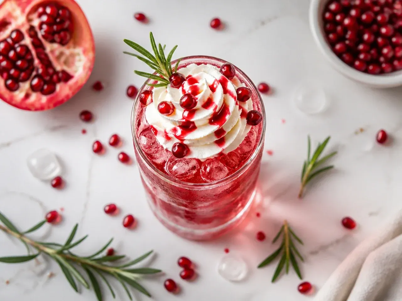 Iced pomegranate rosemary spritz in a tall glass with a rosemary sprig garnish